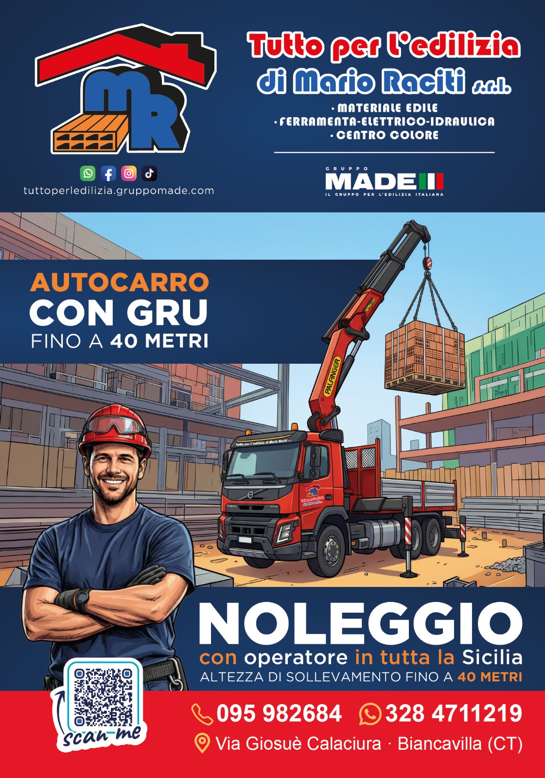 Autocarro Volvo rosso con gru Palfinger in cantiere aperto
